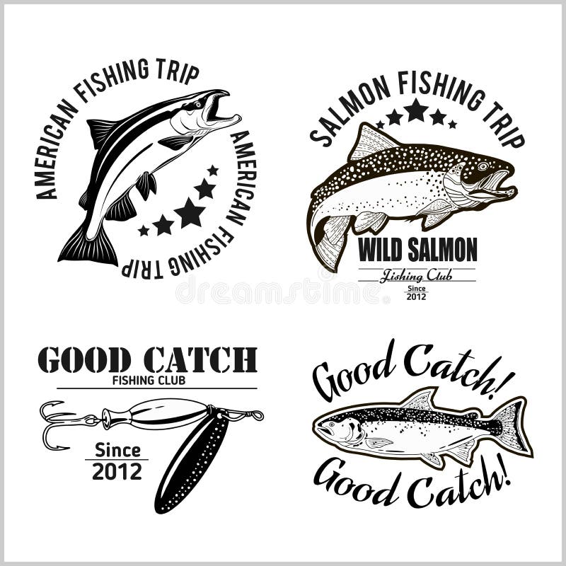 Vintage Salmon Fishing emblem, label and design elements. Vector illustration.