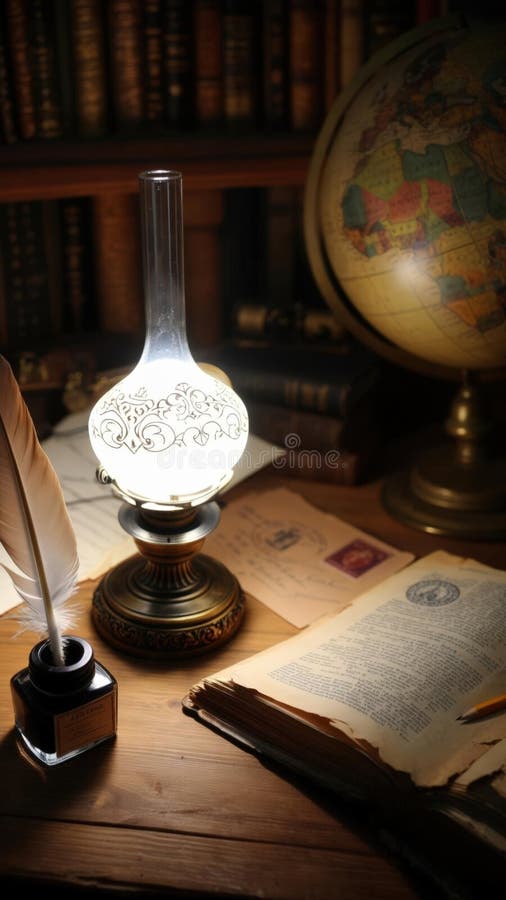 Vintage-Schreibtisch mit Öllampe Federquill Tintenflasche und alten Dokumenten in einer Bibliothek Einstellung vektor abbildung