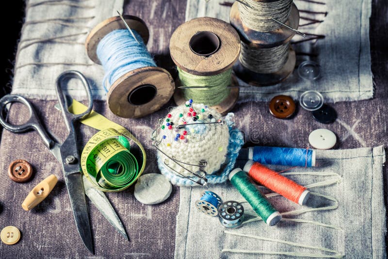 Vintage Scissors, Threads and Needle Stock Photo - Image of craftsman ...
