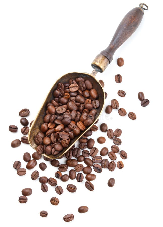 Vintage scoop with coffee beans isolated on white background