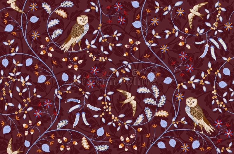 Vintage seamless fabric ornament with flowers and birds on burgundy background. Middle ages William Morris style. Vector