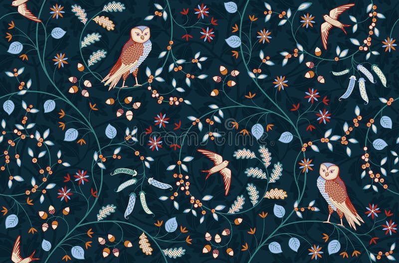 Vintage seamless fabric ornament with flowers and birds on dark blue background. Middle ages William Morris style