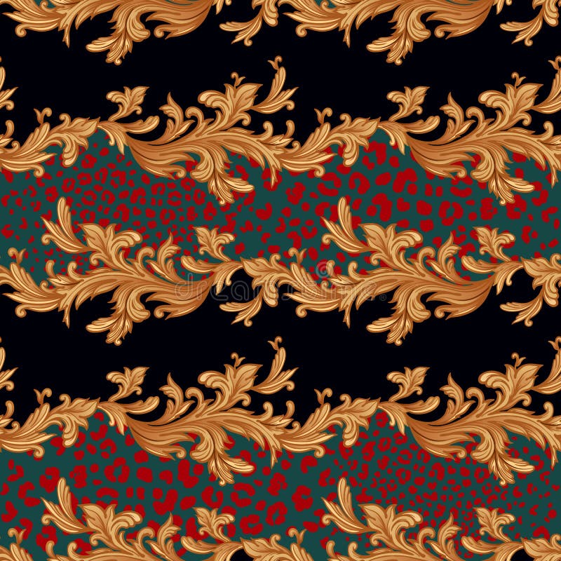 Vintage seamless pattern with baroque decor elements and leopard skin spots