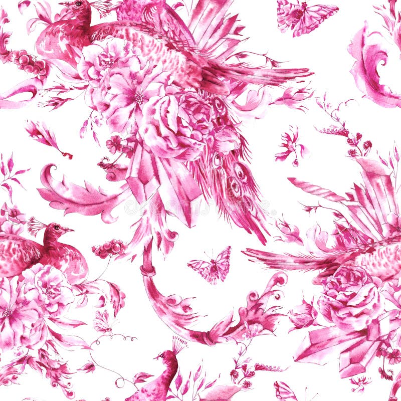 Vintage seamless pattern with pink pair of peacocks with watercolor roses, precious crystals and butterflies in boho style,watercolor natural greeting card, decoration nature flower background. Vintage seamless pattern with pink pair of peacocks with watercolor roses, precious crystals and butterflies in boho style,watercolor natural greeting card, decoration nature flower background