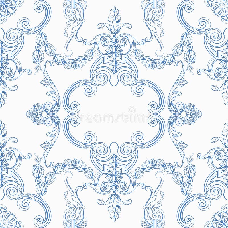 Vintage Seamless Pattern with Blue Rococo Elements on a White ...