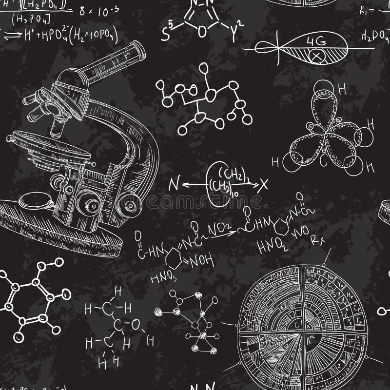 Vintage seamless pattern old chemistry laboratory with microscope and formulas. royalty free illustration