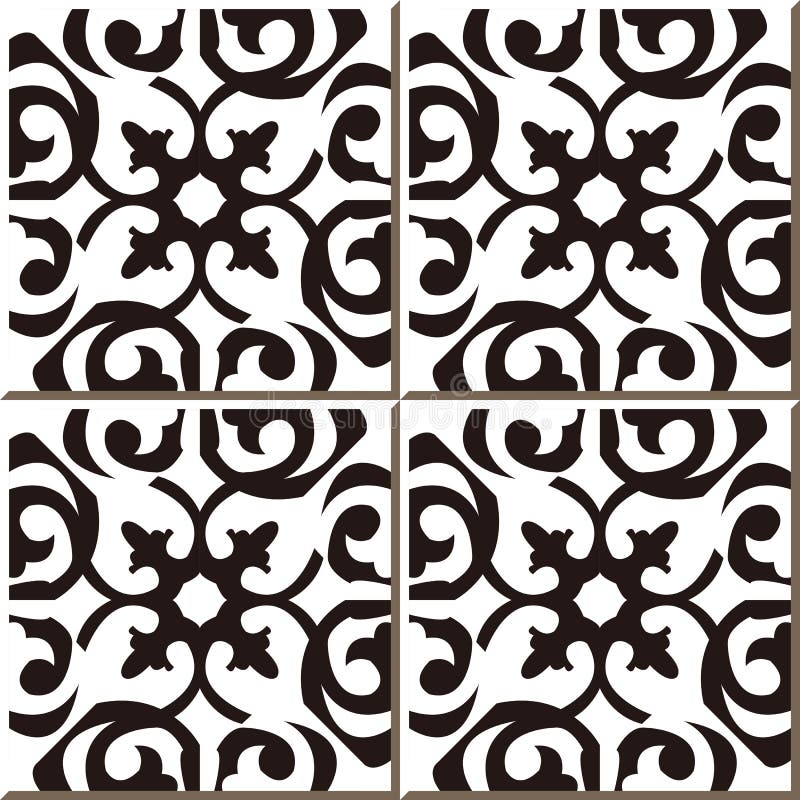 Vintage Seamless Wall Tiles Of Black White Curve Spiral, Moroccan