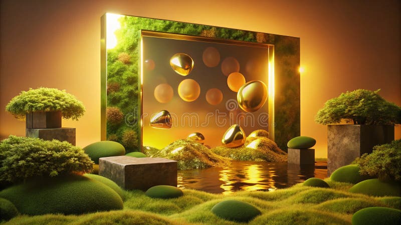 Vintage Sepia Goldene Reflexionen, 3D-schwebende Objekte und moosige Steinverbesserungen für ein atemberaubendes visuelles Display lizenzfreie abbildung