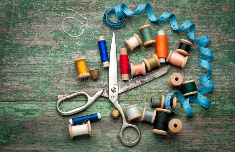 Vintage Sewing Tools and Colored Tape/Sewing Kit Stock Photo Image of