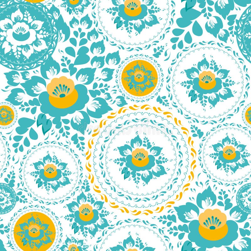Vintage shabby Chic Seamless ornament pattern with turquoise and orange flowers and leaves. Vector