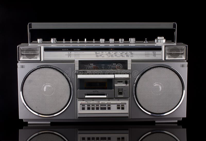 Vintage silver boom box on black background