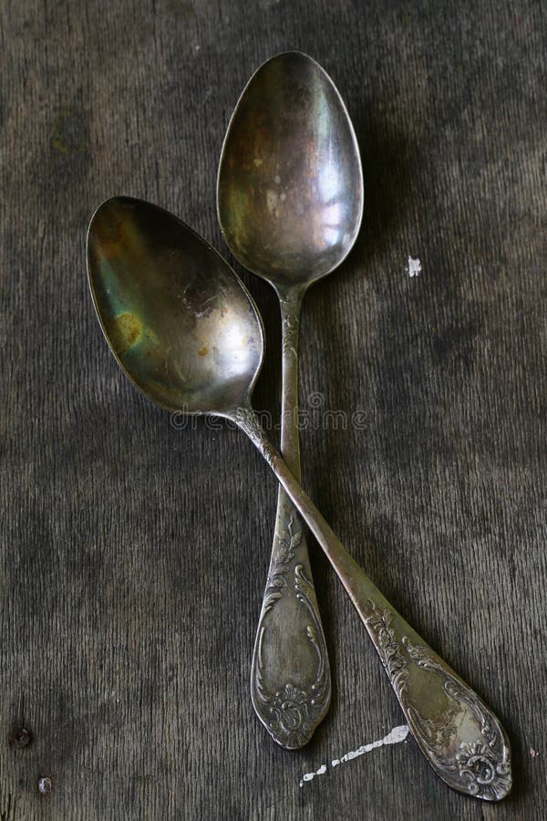 Vintage silver spoons. Equipment, rustic.