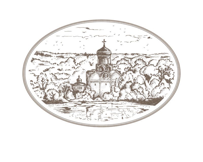 Vintage sketch illustration Russian Christian Orthodox church in the village. Panorama landscape with an old temple and