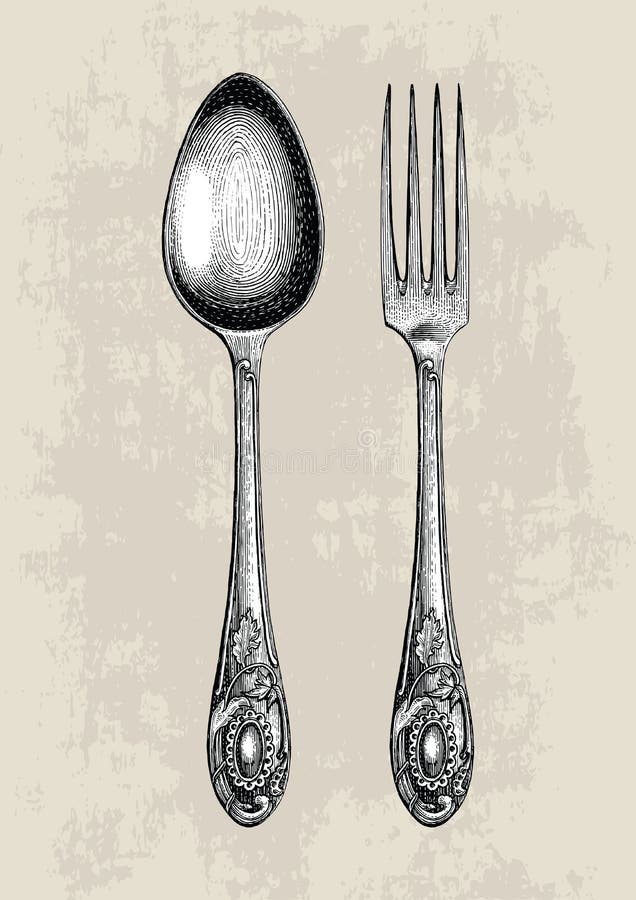 Vintage Spoon and Fork Hand Drawing,Spoon and Fork Sketch Art is Stock