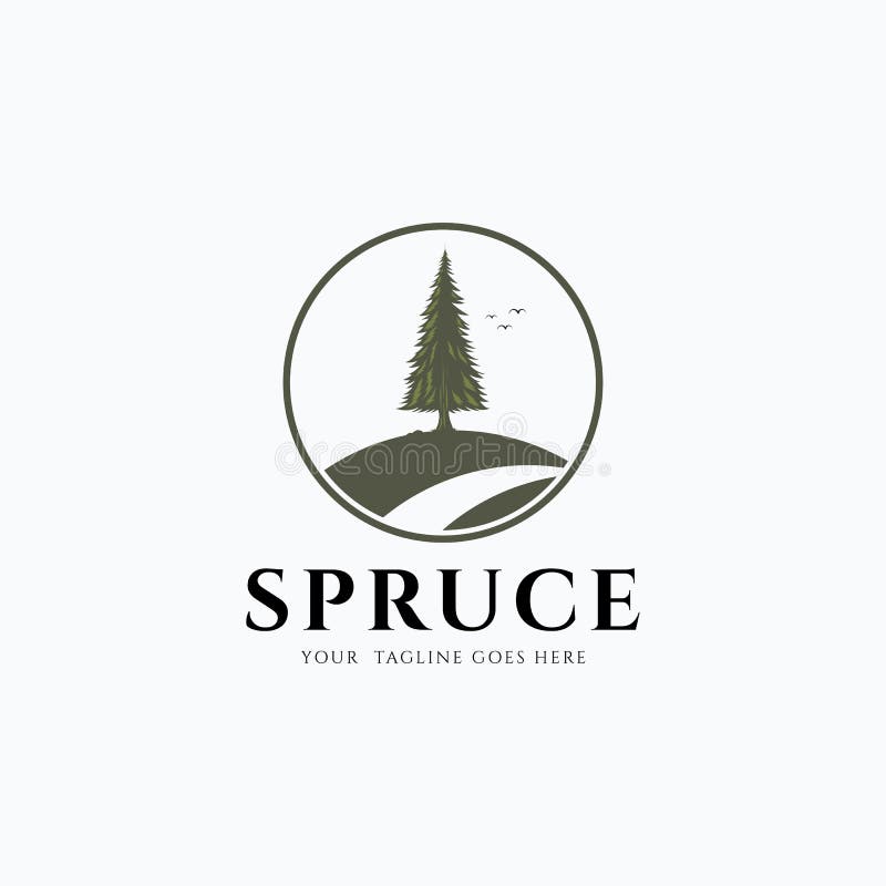Vintage Spruce Pine Tree on the Road Side Hill with Birds Logo Vector Illustration Design Stock