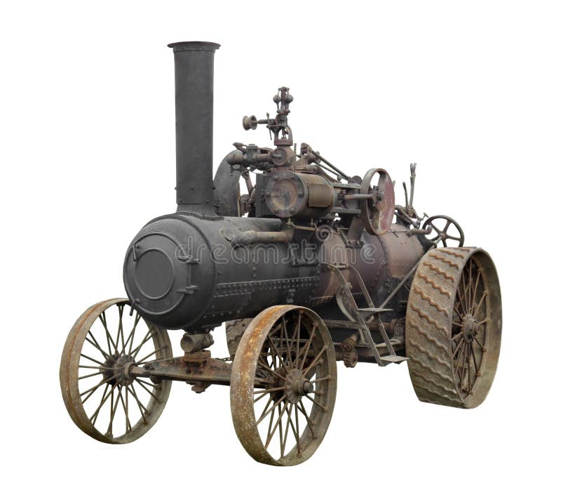 Vintage steam engine tractor isolated.