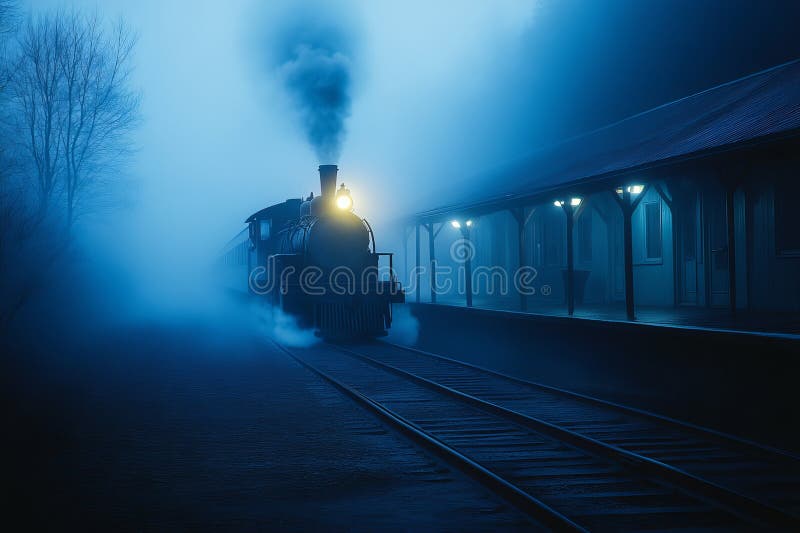 Vintage Steam Train Emerging from Fog on Quiet Train Station stock illustration