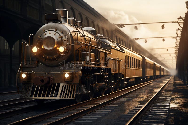 Vintage Steampunk Train in Golden Sunset on Old Train Station Stock ...