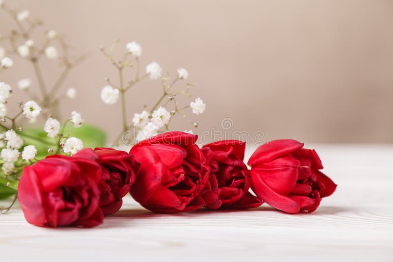 Vintage still life with a spring bouquet of tulips. The concept of mother`s Day, women`s day. Decorate home with flowers