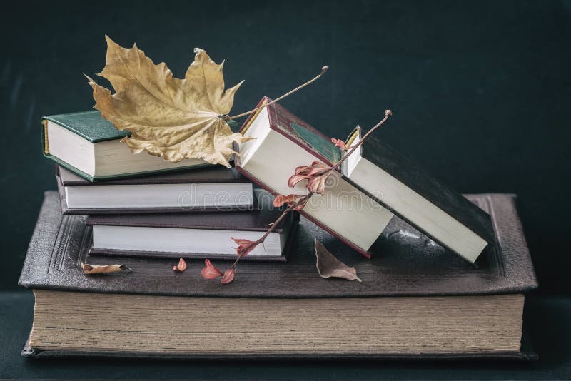 Vintage still life with stack of old books and dry autumn leaf. Autumn concept of reading time, romantic, back to school