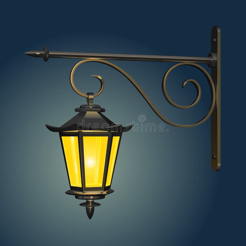 Vintage street hanging lamp, glowing with yellow light against the evening sky, with a cast-iron wall mount