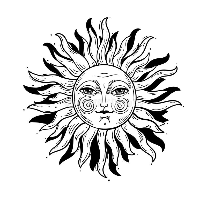 Vintage style illustration, sun with a face, stylized drawing, engraving.  Mystical element for design in boho style, logo, tattoo. Vector  illustration isolated on white. Stock Vector by ©Antusenok 425928234