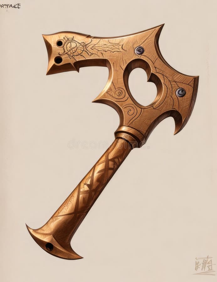 Vintage style illustration of a wooden axe with a golden handle. AI Generated.