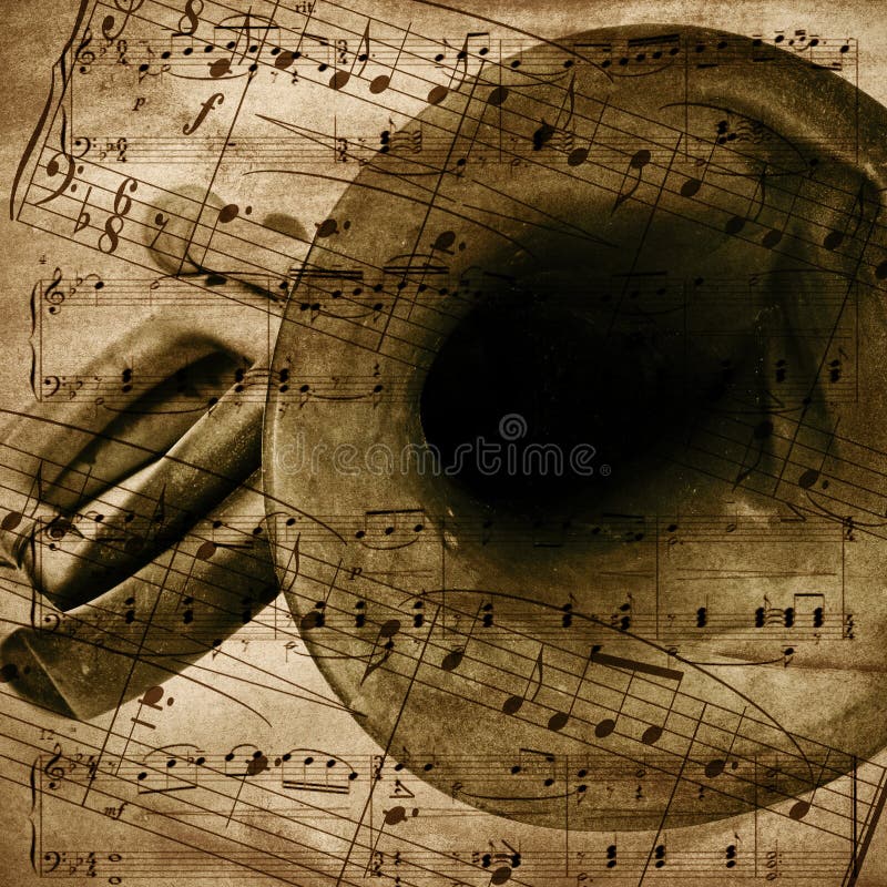 Vintage-style background with an old bugle and musical score. Paper notation stock images, royalty-free photos and pictures