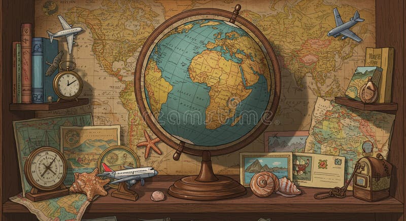 A vintage-style scene features a globe centered on Africa, surrounded by travel- vector illustration