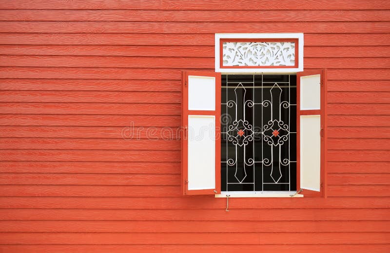 Vintage style wall wood plank house with open windows