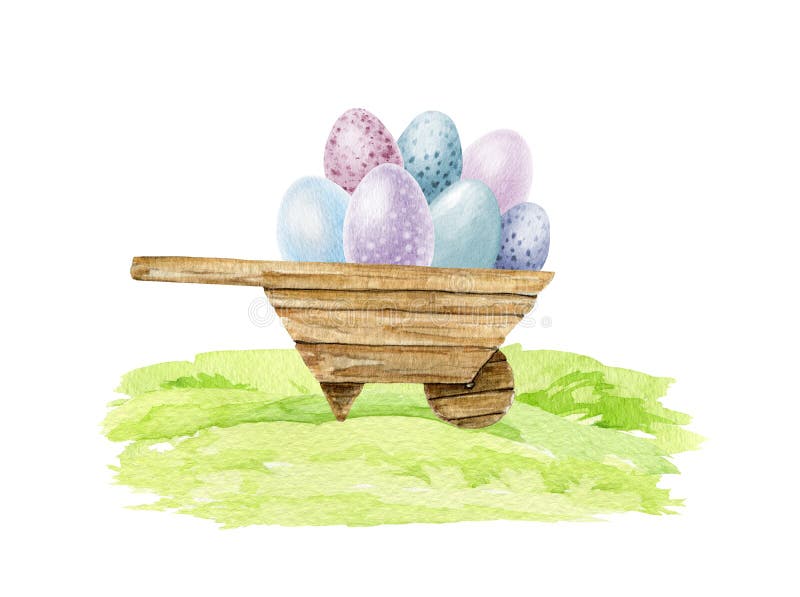 Vintage style wooden barrow with pile of eggs on the green grass. Watercolor hand drawn illustration. Easter traditional stock photos