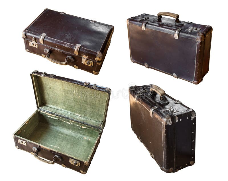 Vintage suitcase collage on white. Open, closed, front and side views. royalty free stock images Vintage suitcase collage on white. Open, closed, front and side views. royalty free stock images