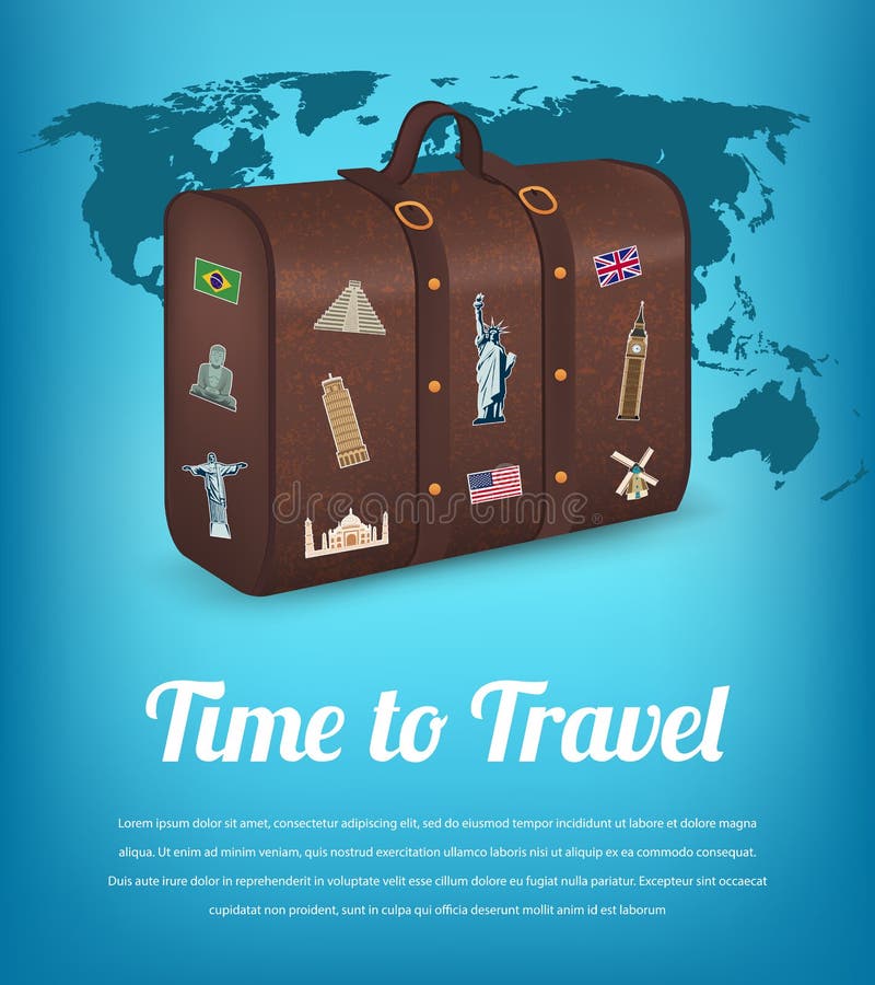 Vintage suitcase with collection of travel labels. Travel and Tourism. Travel background. Vector stock illustration Vintage suitcase with collection of travel labels. Travel and Tourism. Travel background. Vector stock illustration