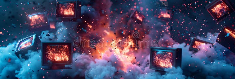 Vintage televisions floating in a vibrant cosmic space with fiery explosions and floating embers royalty free stock photography