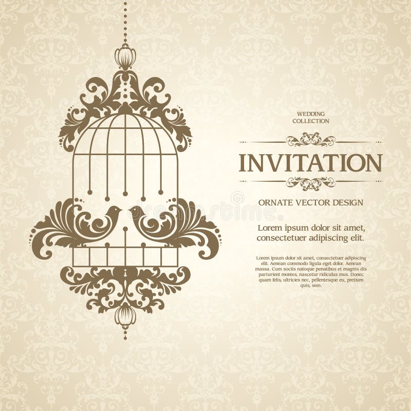 Vintage template with seamless pattern, decorative frame and love birds. Ornamental lace pastel design for wedding invitation