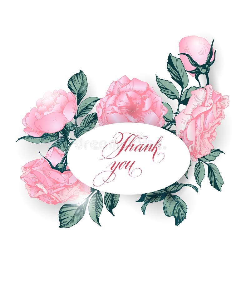 Vintage thank you card with blooming rose. Vector illustration.