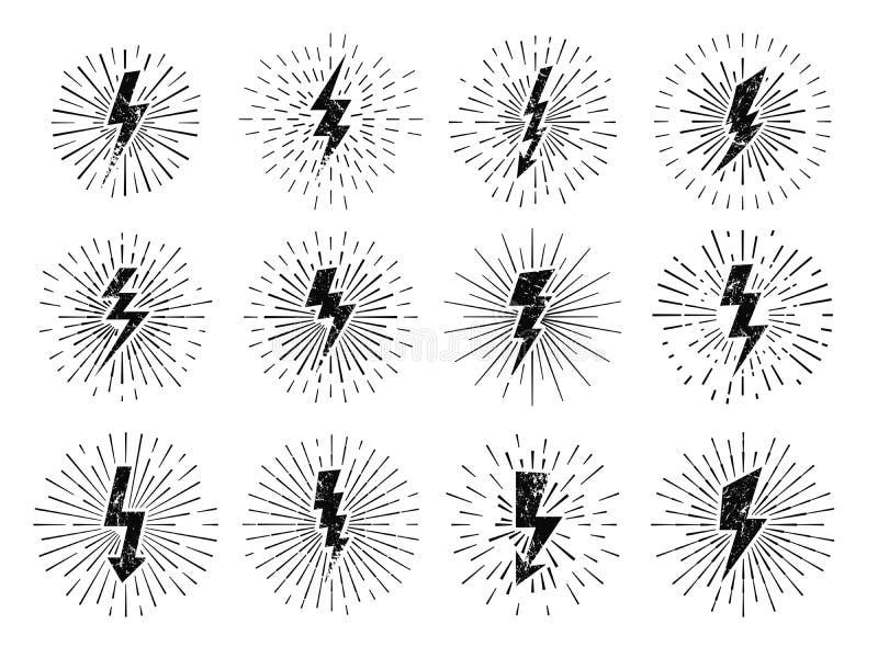 Vintage thunderbolt sign. Retro energy burst, lightning starburst and lightnings blitz flash hipster signs vector stock illustration Vintage thunderbolt sign. Retro energy burst, lightning starburst and lightnings blitz flash hipster signs vector stock illustration