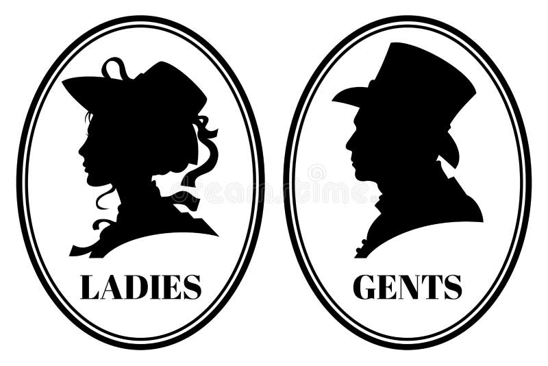 Vintage toilet wc vector sign with lady and gentleman head in victorian hats and clothes