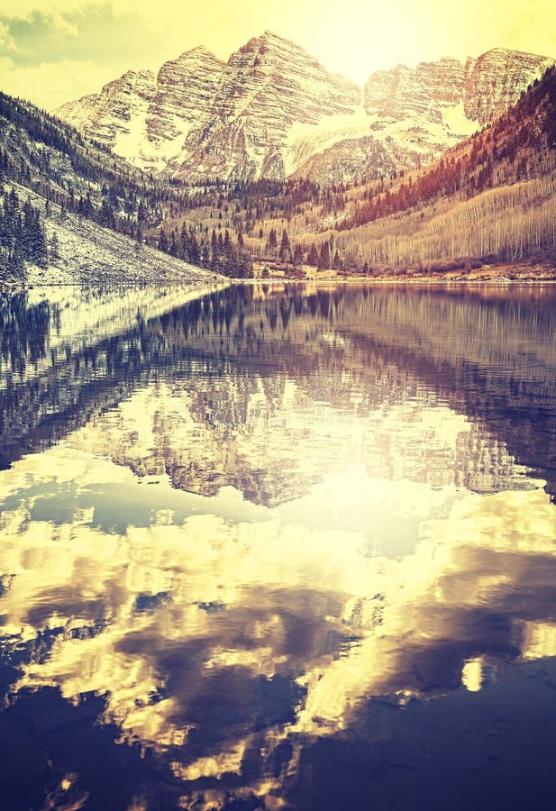 Vintage toned Maroon Bells at sunset, Aspen in Colorado, USA royalty free stock image Vintage toned Maroon Bells at sunset, Aspen in Colorado, USA royalty free stock image
