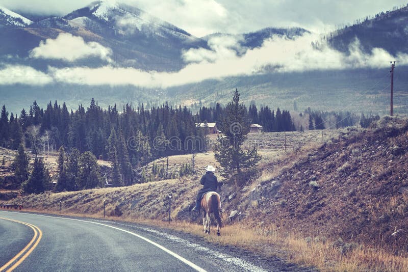 Female horse rider in a cowboy hat on a road, USA.