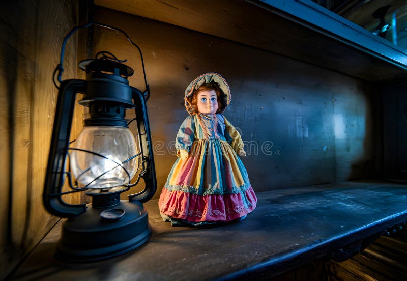 A Vintage Toy Shop Museum: A Delightful Display of Porcelain Dolls and Antique Treasures Under Soft Lantern Light vector illustration