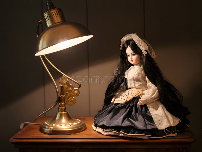 A Vintage Toy Shop Museum: A Delightful Display of Porcelain Dolls and Antique Treasures Under Soft Lantern Light stock illustration
