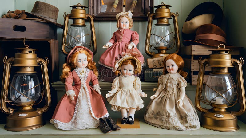 A Vintage Toy Shop Museum: A Delightful Display of Porcelain Dolls and Antique Treasures Under Soft Lantern Light stock illustration