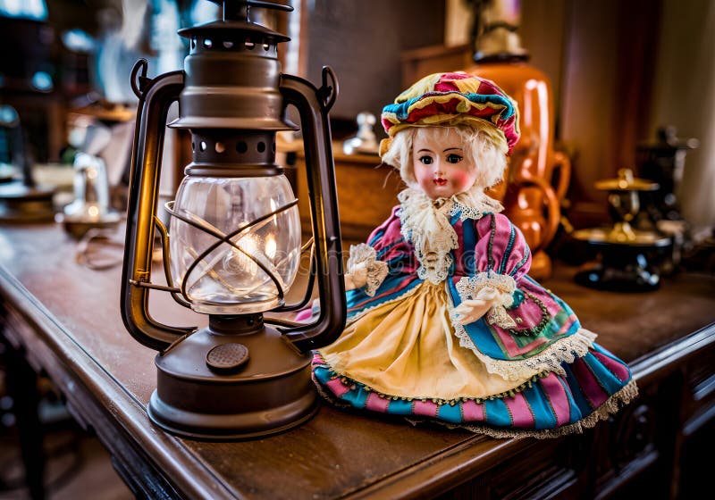 A Vintage Toy Shop Museum: A Delightful Display of Porcelain Dolls and Antique Treasures Under Soft Lantern Light stock illustration