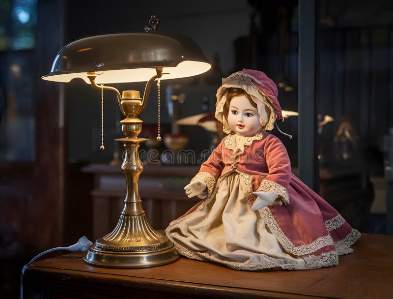 A Vintage Toy Shop Museum: A Delightful Display of Porcelain Dolls and Antique Treasures Under Soft Lantern Light royalty free illustration