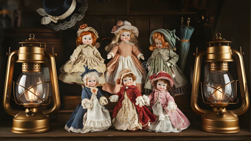 A Vintage Toy Shop Museum: A Delightful Display of Porcelain Dolls and Antique Treasures Under Soft Lantern Light vector illustration
