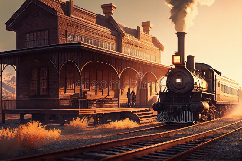 Vintage Train Station, with Steam Engine Pulling in, during Golden Hour