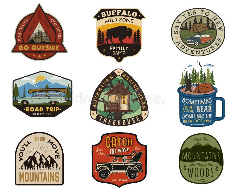 Vintage travel logos patches set. Hand drawn camping labels designs. Mountain expedition, road trip, surfing. Outdoor