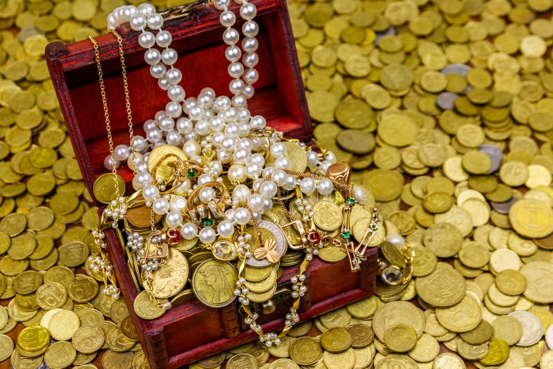 Vintage Treasure Chest Full of Gold Coins and Jewelry on a Background ...