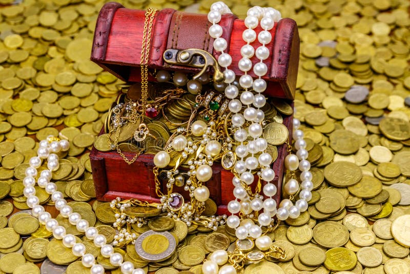 Vintage Treasure Chest Full of Gold Coins and Jewelry on a Background ...